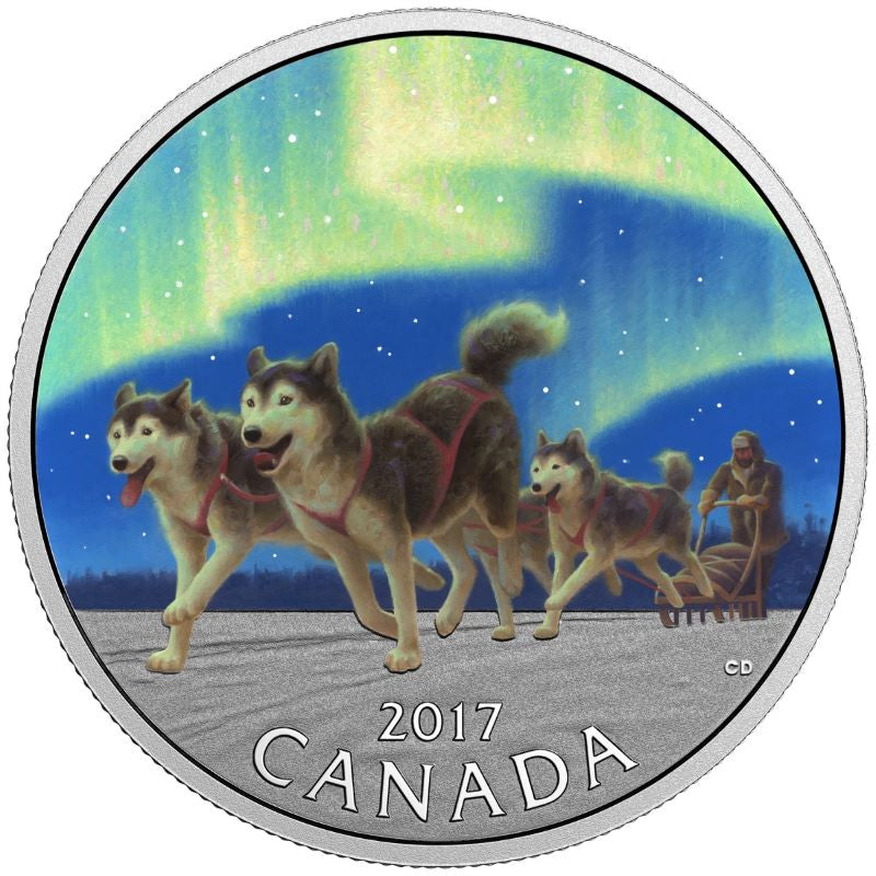Fine Silver Coin with Colour - Dog Sledding Under the Northern Lights Reverse