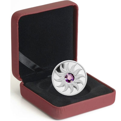 Fine Silver Coin with Swarovski Crystal - Birthstone: February Packaging