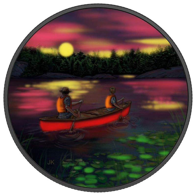 Fine Silver Glow In The Dark Coin with Colour - Great Canadian Outdoors: Sunset Canoeing Reverse