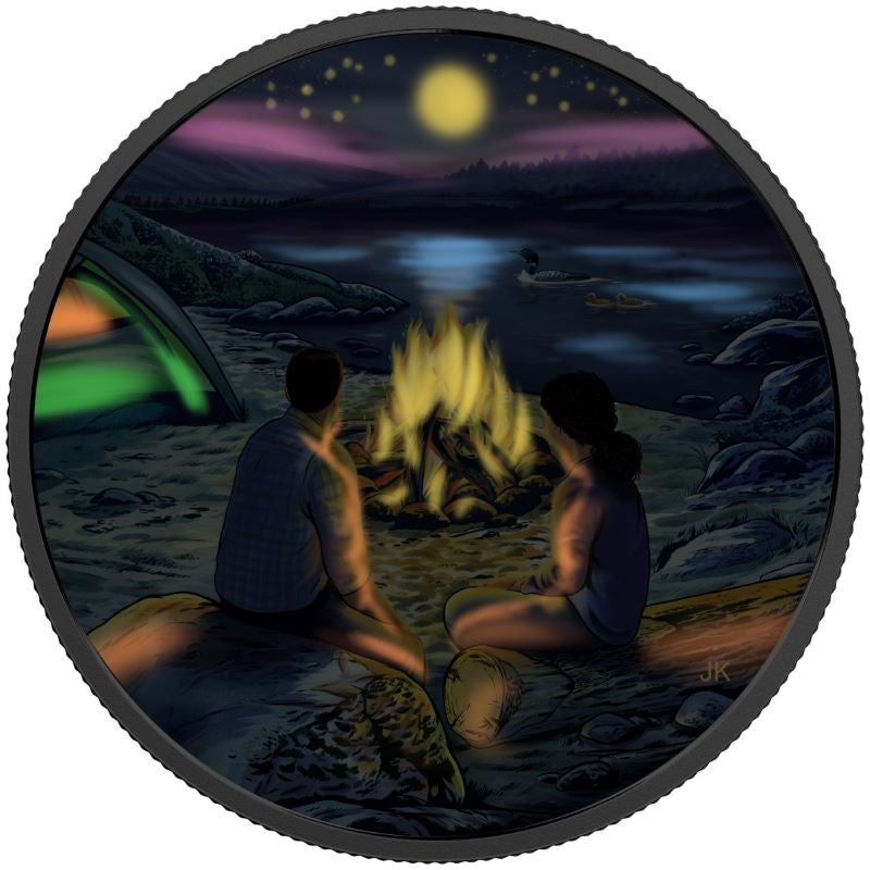Fine Silver Glow In The Dark Coin with Colour - Great Canadian Outdoors: Around the Campfire Reverse