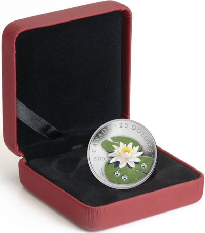Fine Silver Coin with Colour and Swarovski Crystal - Water Lily Packaging