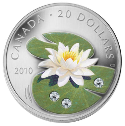 Fine Silver Coin with Colour and Swarovski Crystal - Water Lily Reverse