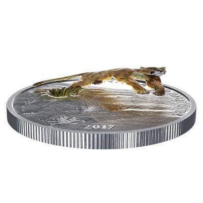 Fine Silver Coin with Colour - Three-Dimensional Leaping Cougar Edge Detail