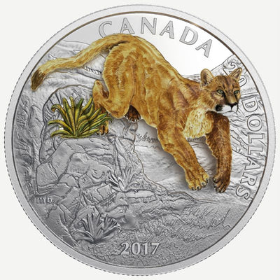 Fine Silver Coin with Colour - Three-Dimensional Leaping Cougar Reverse