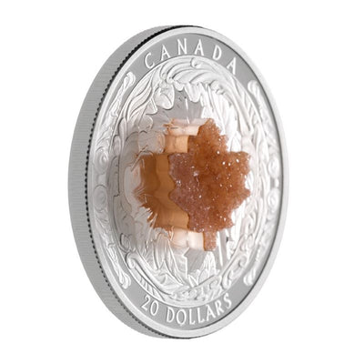 Fine Silver Coin with Crystal Druzy Element - Majestic Maple Leaves with Druzy Stone Edge Detail