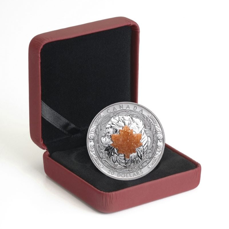 Fine Silver Coin with Crystal Druzy Element - Majestic Maple Leaves with Druzy Stone Packaging