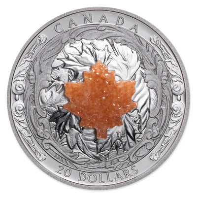 Fine Silver Coin with Crystal Druzy Element - Majestic Maple Leaves with Druzy Stone Reverse