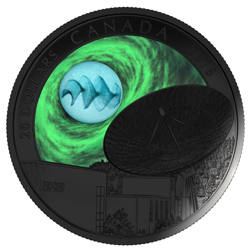 Fine Silver Glow In The Dark Coin with Colour and Glass Element - The Universe with Silver Fume Glow In The Dark