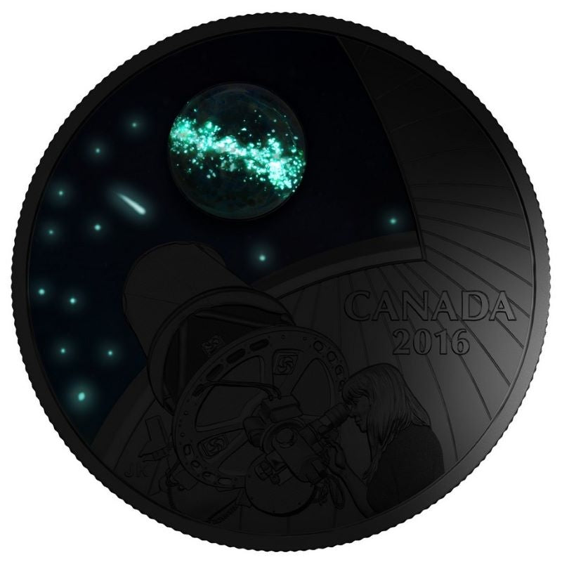 Fine Silver Glow In The Dark Coin with Colour and Glass Element - The Universe with Opal Glow In The Dark