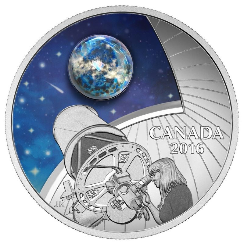 Fine Silver Glow In The Dark Coin with Colour and Glass Element - The Universe with Opal Reverse