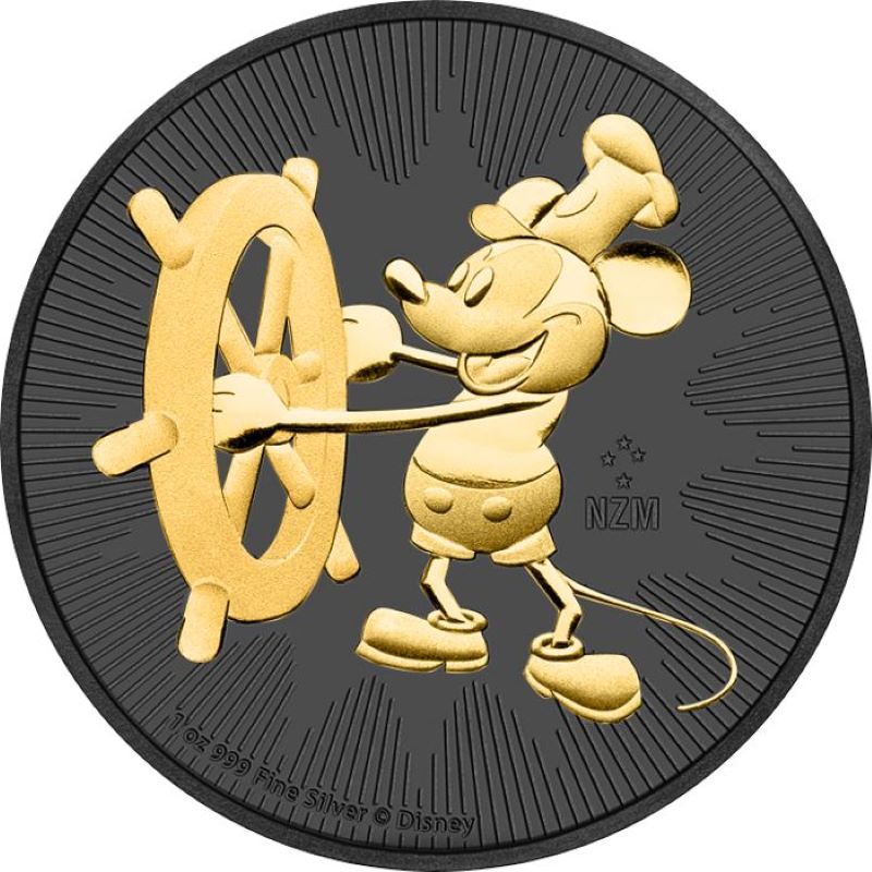 Fine Silver Coin with Colour and Gold Plating - Steamboat Willie Reverse