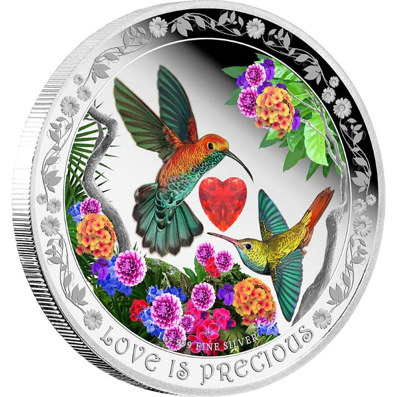 Fine Silver Coin with Colour and Cubic Zirconia Element - Love Is Precious: Hummingbirds Reverse