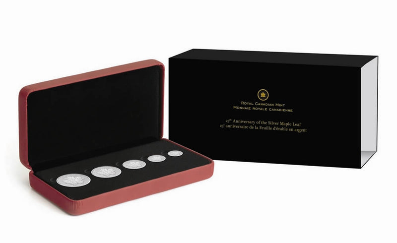Fine Silver 5 Coin Set - 25th Anniversary Fractional Silver Maple Leaf Set Packaging