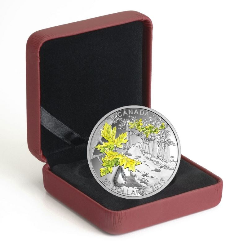 Fine Silver Coin with Colour and Swarovski Element - Jewel of the Rain Bigleaf Maple Packaging