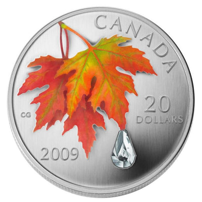 Fine Silver Coin with Colour and Swarovski Element - Autumn Showers Crystal Raindrop Reverse
