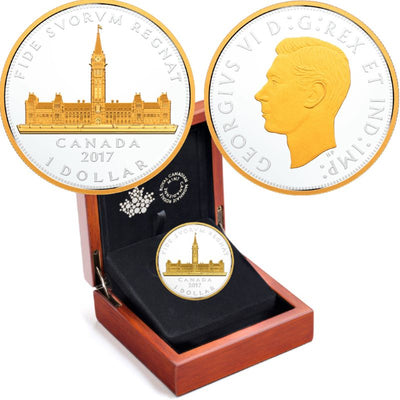 Fine Silver Coin with Gold Plating - Renewed Silver Dollar Commemorative Royal Visit: Parliament Building