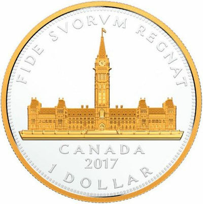 Fine Silver Coin with Gold Plating - Renewed Silver Dollar Commemorative Royal Visit: Parliament Building Reverse
