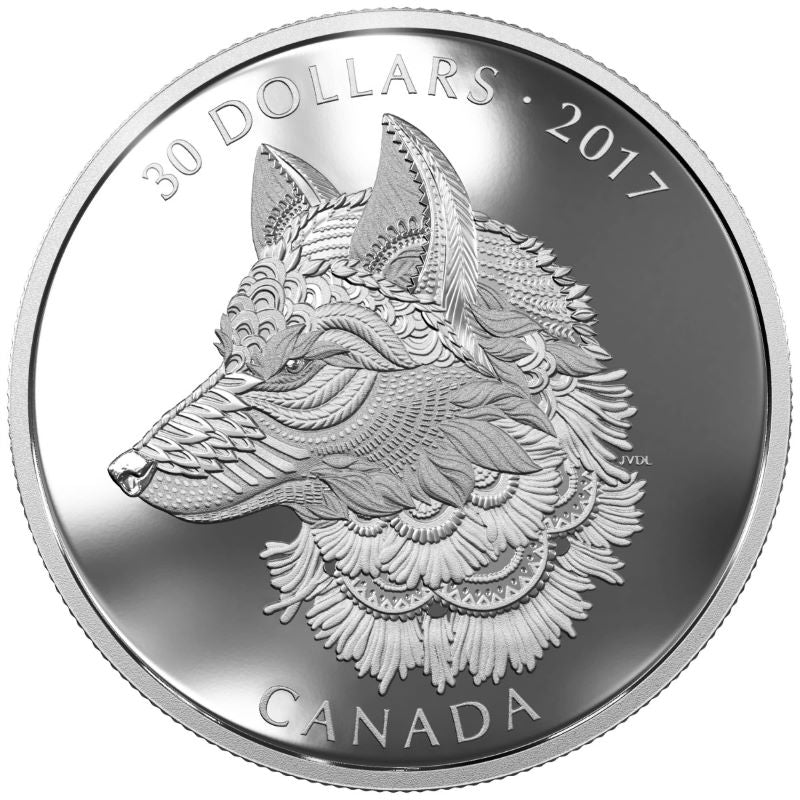 Fine Silver Coin - Zentangle Art: The Great Grey Wolf Reverse