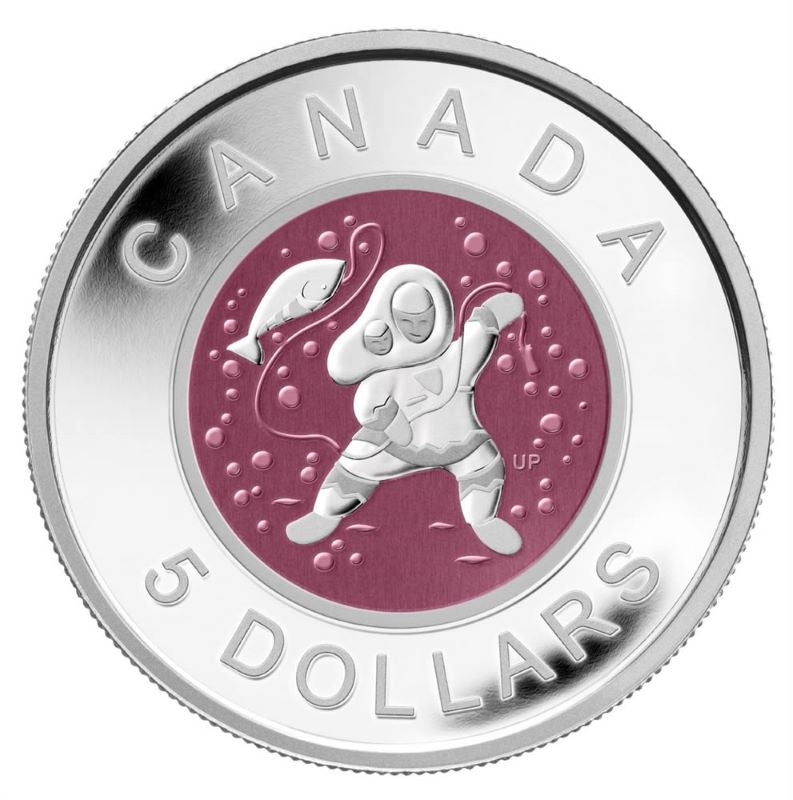 Fine Silver Coin with Coloured Niobium - Contemporary Aboriginal Art: Mother and Baby Ice Fishing Reverse