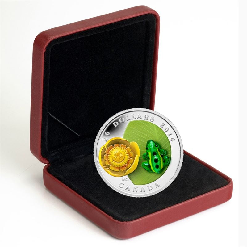 Fine Silver Coin with Colour and Glass Element - Water-lily and Leopard Frog Packaging