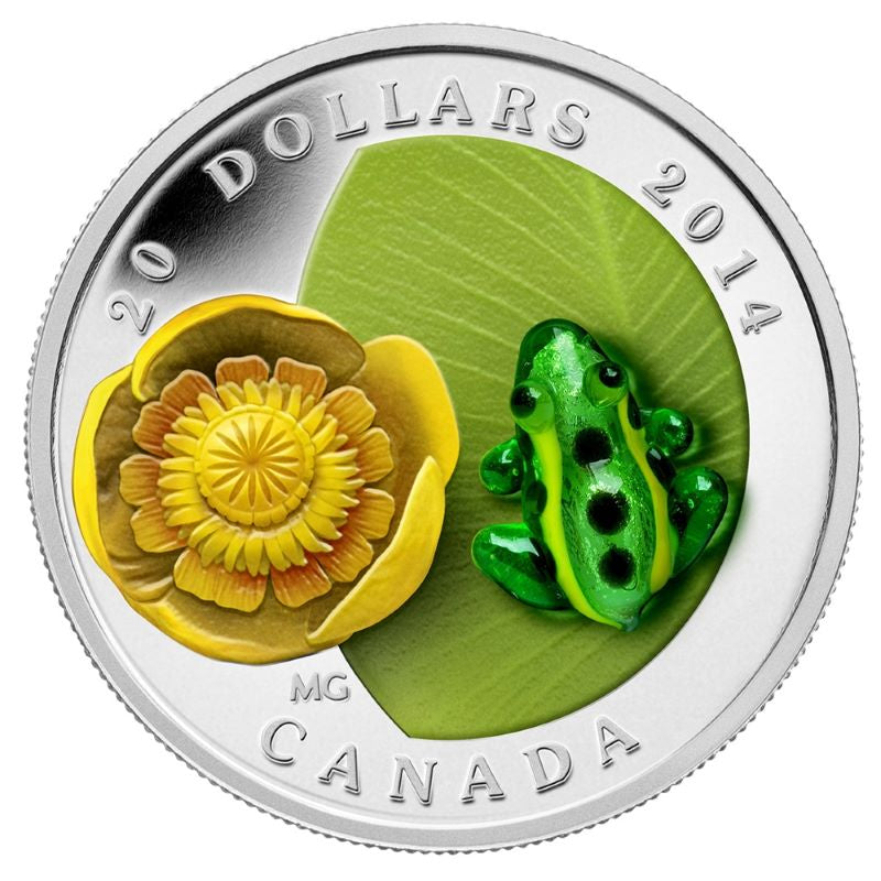 Fine Silver Coin with Colour and Glass Element - Water-lily and Leopard Frog Reverse