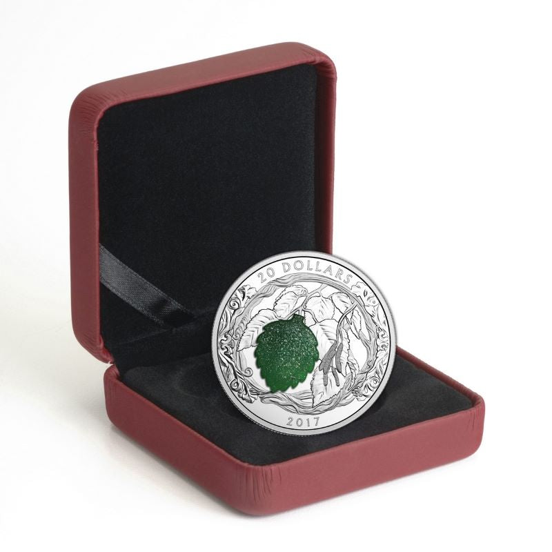 Fine Silver Coin with Druzy Element - Brilliant Birch Leaves with Druzy Stone Packaging