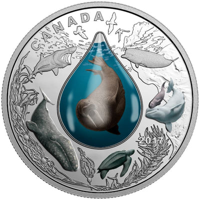 Fine Silver Coin with Colour and Glass Element - Canadian Underwater Life Reverse