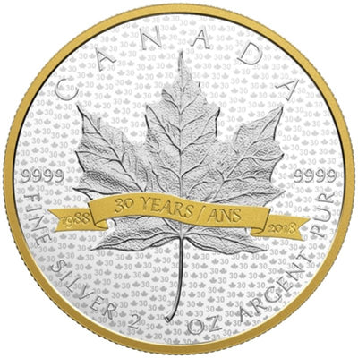 Fine Silver Coin with Gold Plating - Silver Maple Leaf Tribute: 30 Years Reverse