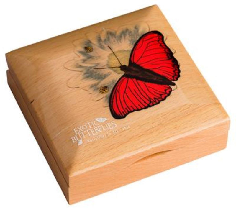 Fine Silver Coin with Colour - Exotic Butterflies In 3D: Cymothe Hobarti Packaging