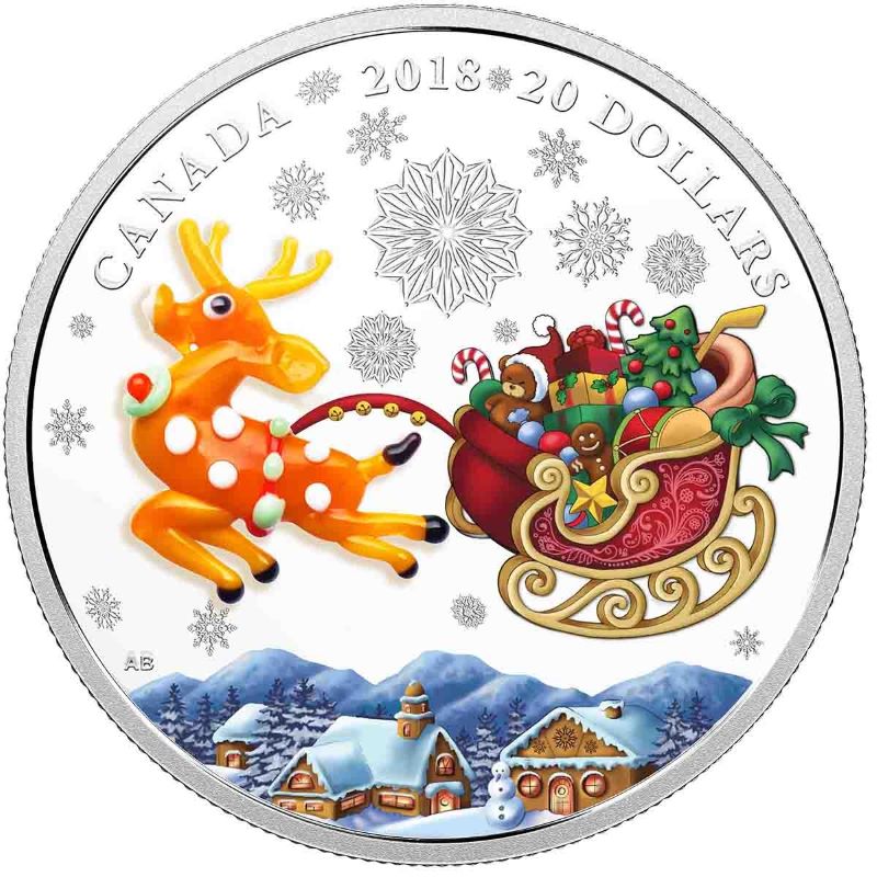 2018 $20 Fine Silver Coin with Colour and Glass Element - Holiday Reindeer