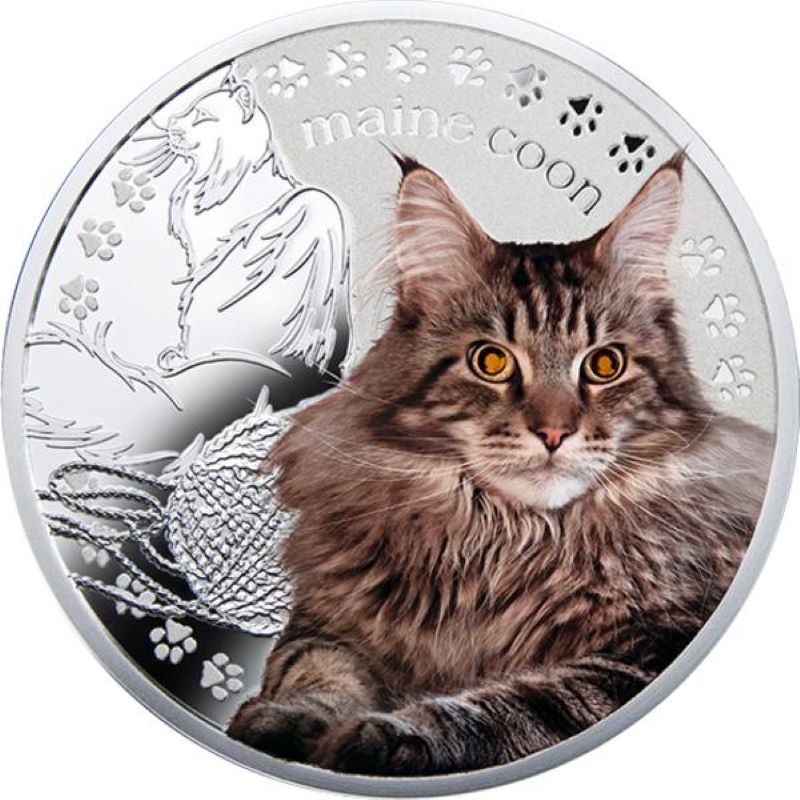 Fine Silver Coin with Colour and Swarovski Crystal: Maine Coon Cat Reverse