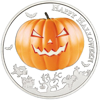 Fine Silver Glow In The Dark Coin with Colour - Halloween: Jack O'lantern Reverse