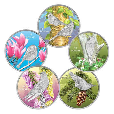 Fine Silver 5 Coin Set with Colour - Birds Among Natures' Colours Reverse