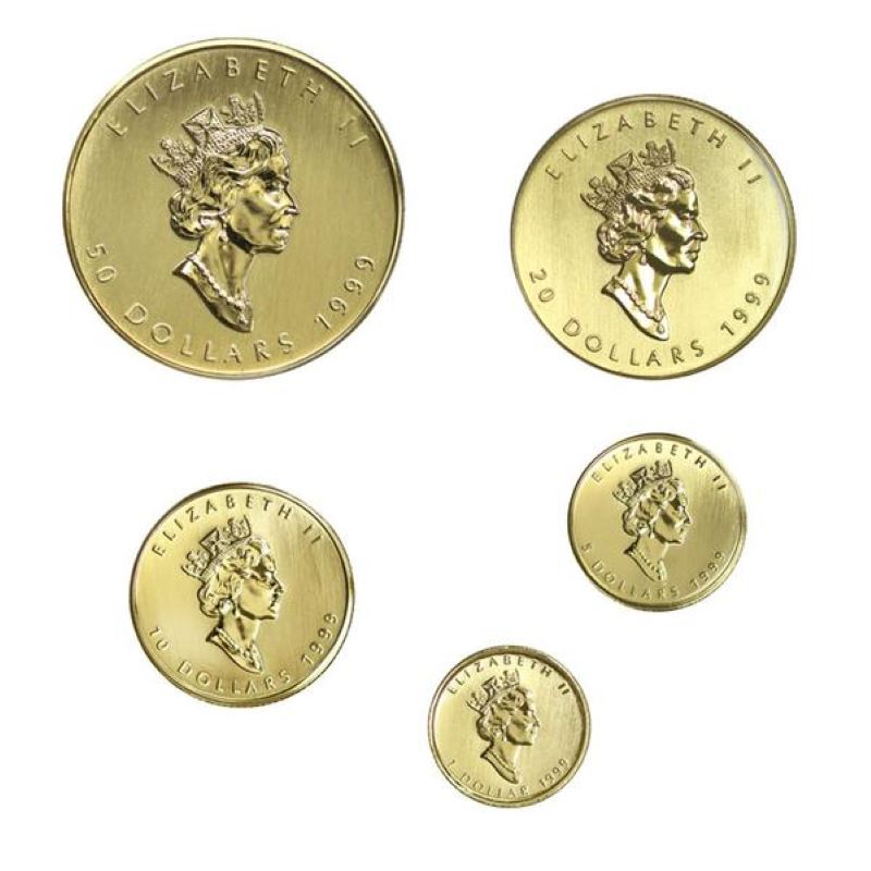 Pure Gold Hologram 5 Coin Set - Gold Maple Leaf 20th Anniversary Obverse