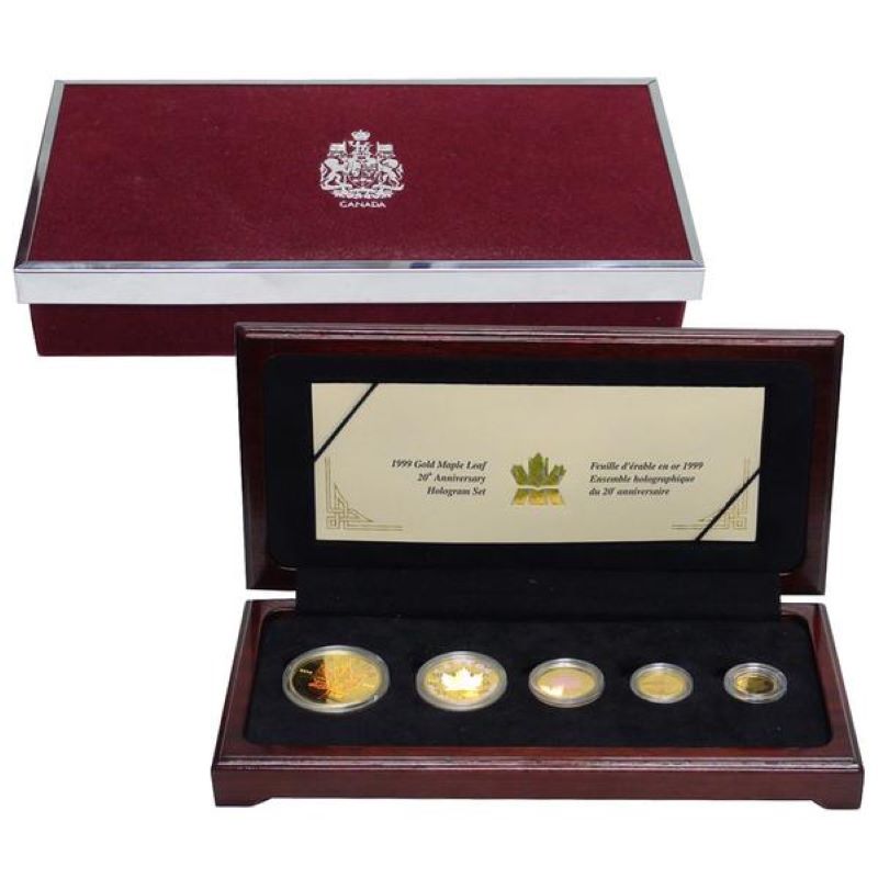 Pure Gold Hologram 5 Coin Set - Gold Maple Leaf 20th Anniversary Packaging